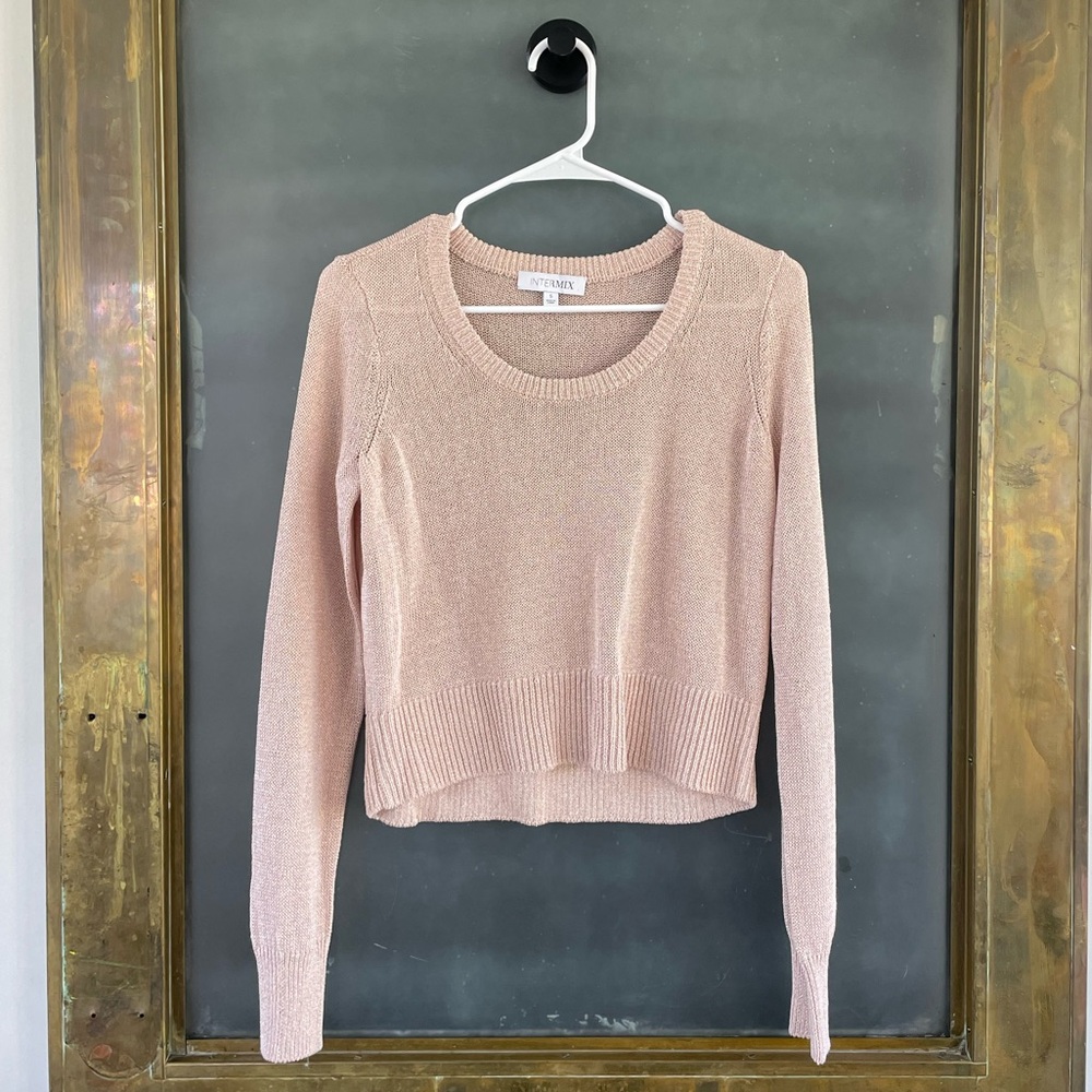 INTERMIX Metallic Blush Pink Cropped Knit Sweater Long Sleeve Size S